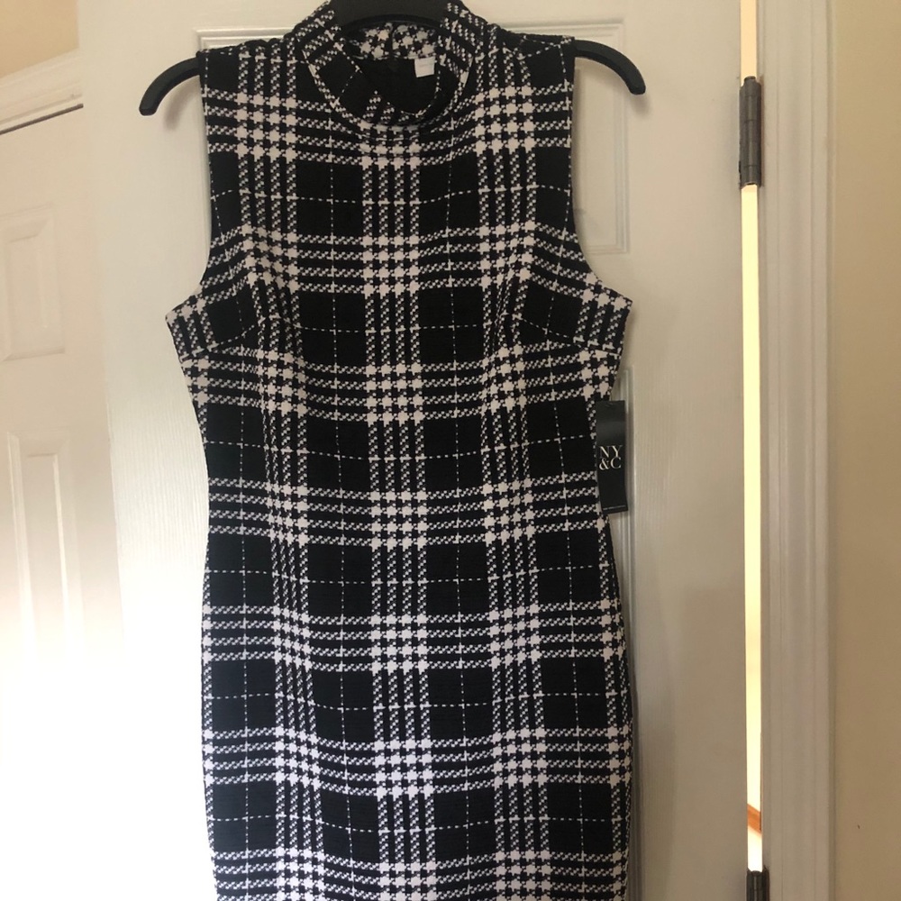 Black and white plaid mock neck dress